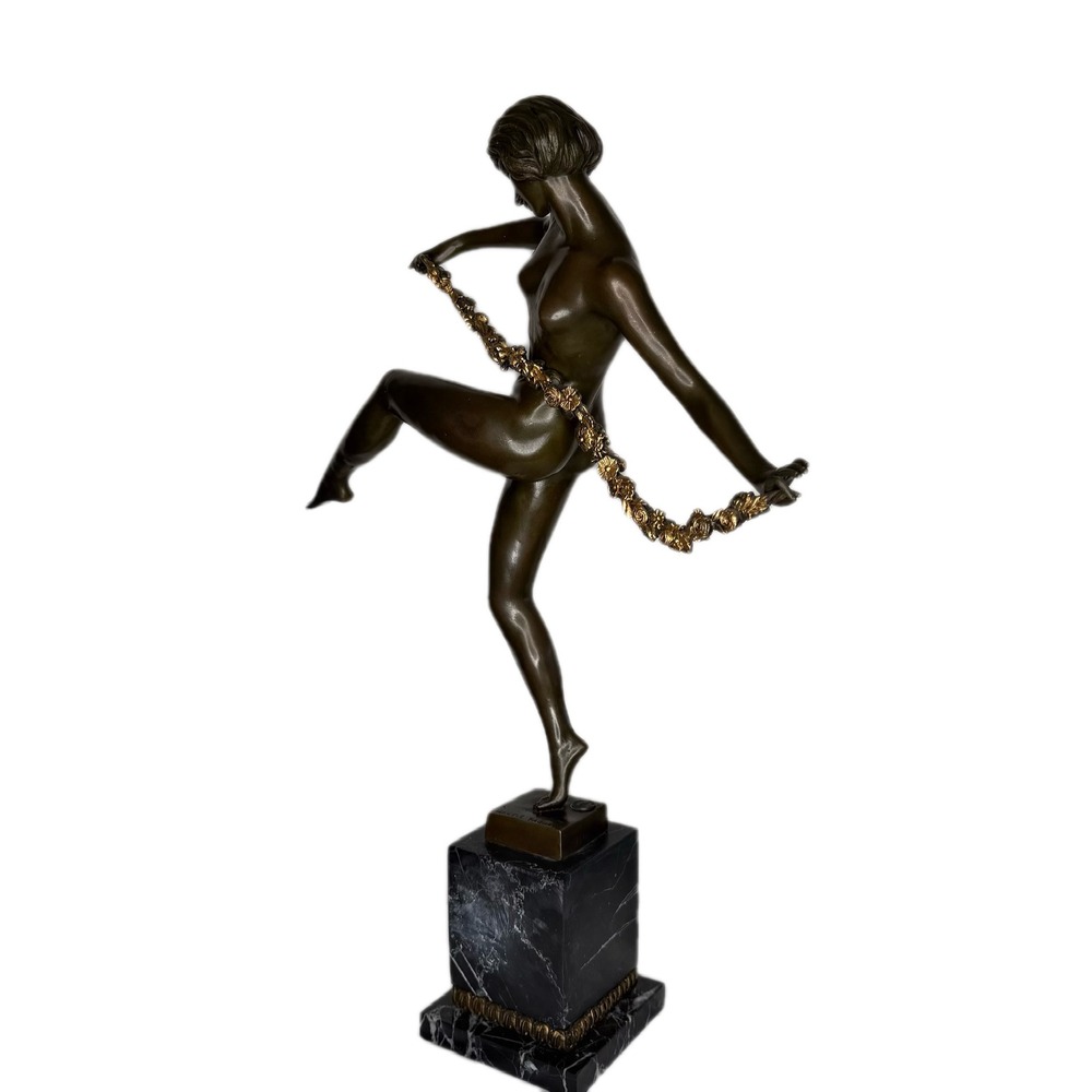Pierre Le Faguays Art Deco Bronze Sculpture Nude Dancer Flower Garland Marble